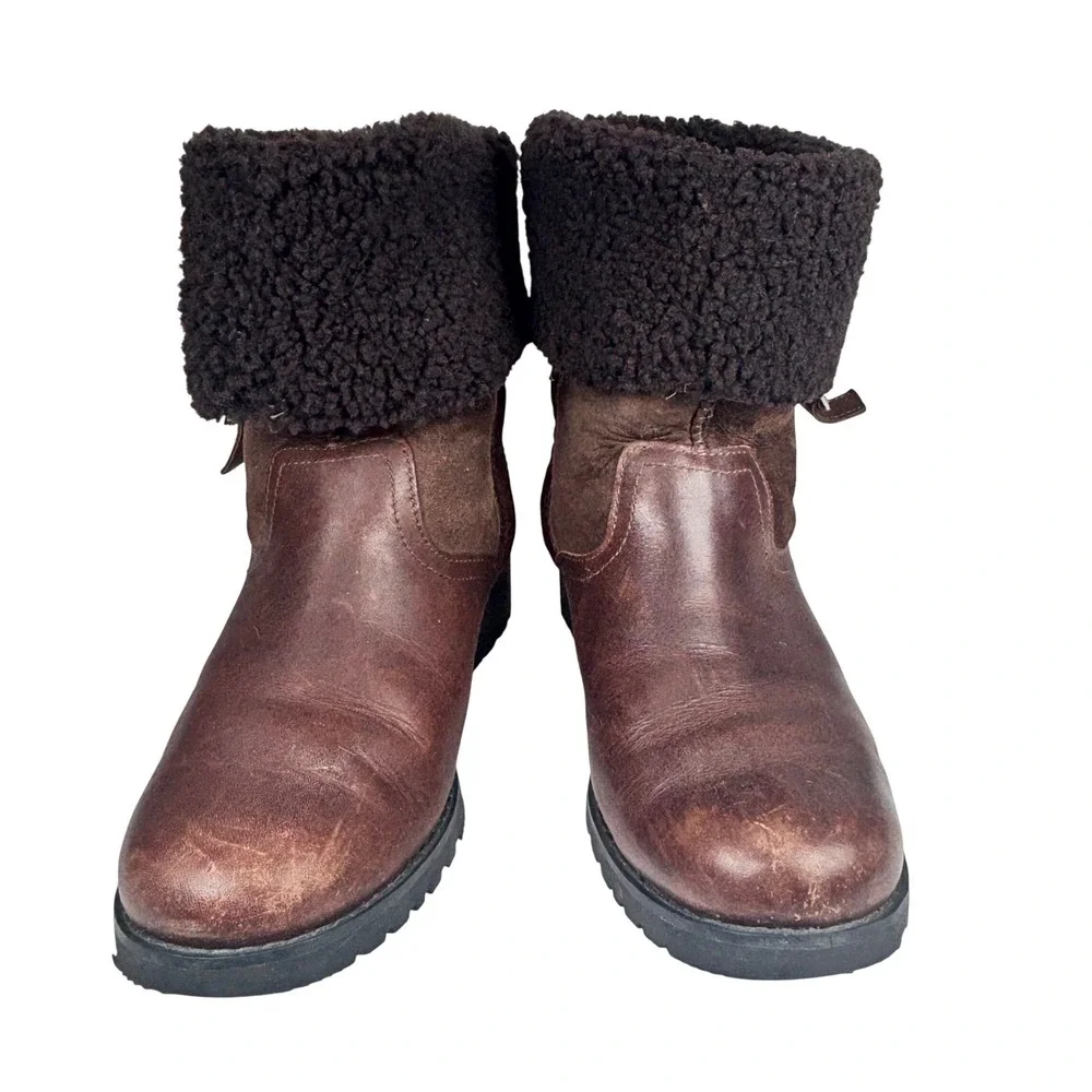 UGG Bellevue Sheepskin Foldover Boots Brown Leather Suede Shearling Buckle Sz‎ 8
